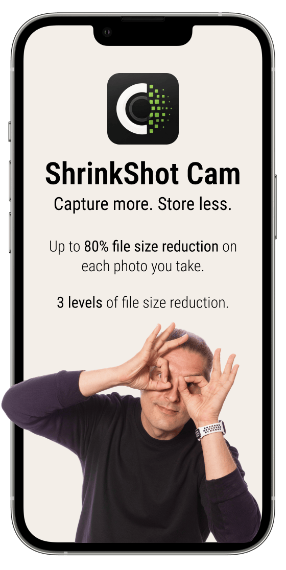 ShrinkShot Cam App Store preview highlighting up to 80% file size reduction